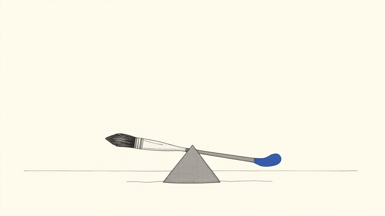 Pincel de artista e pincel robótico se equilibram em gangorra, CEO da Autodesk relativizando ameaça da IA aos artistas