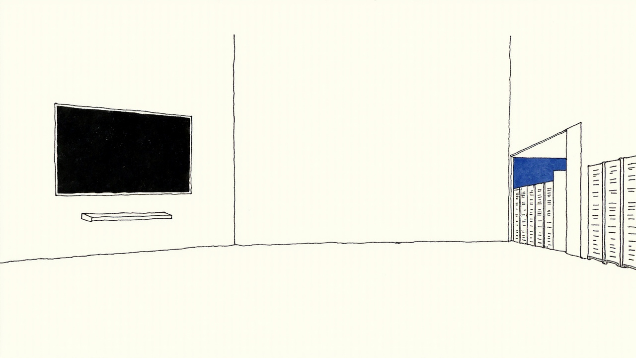 Quadro-negro vazio em sala de aula abandonada ao lado de servidor zumbindo, ensaio sobre fim da matemática tradicional