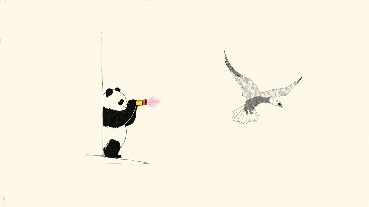 Panda observa águia distante com binóculos de trás de um muro, visão chinesa mais cínica sobre IA americana