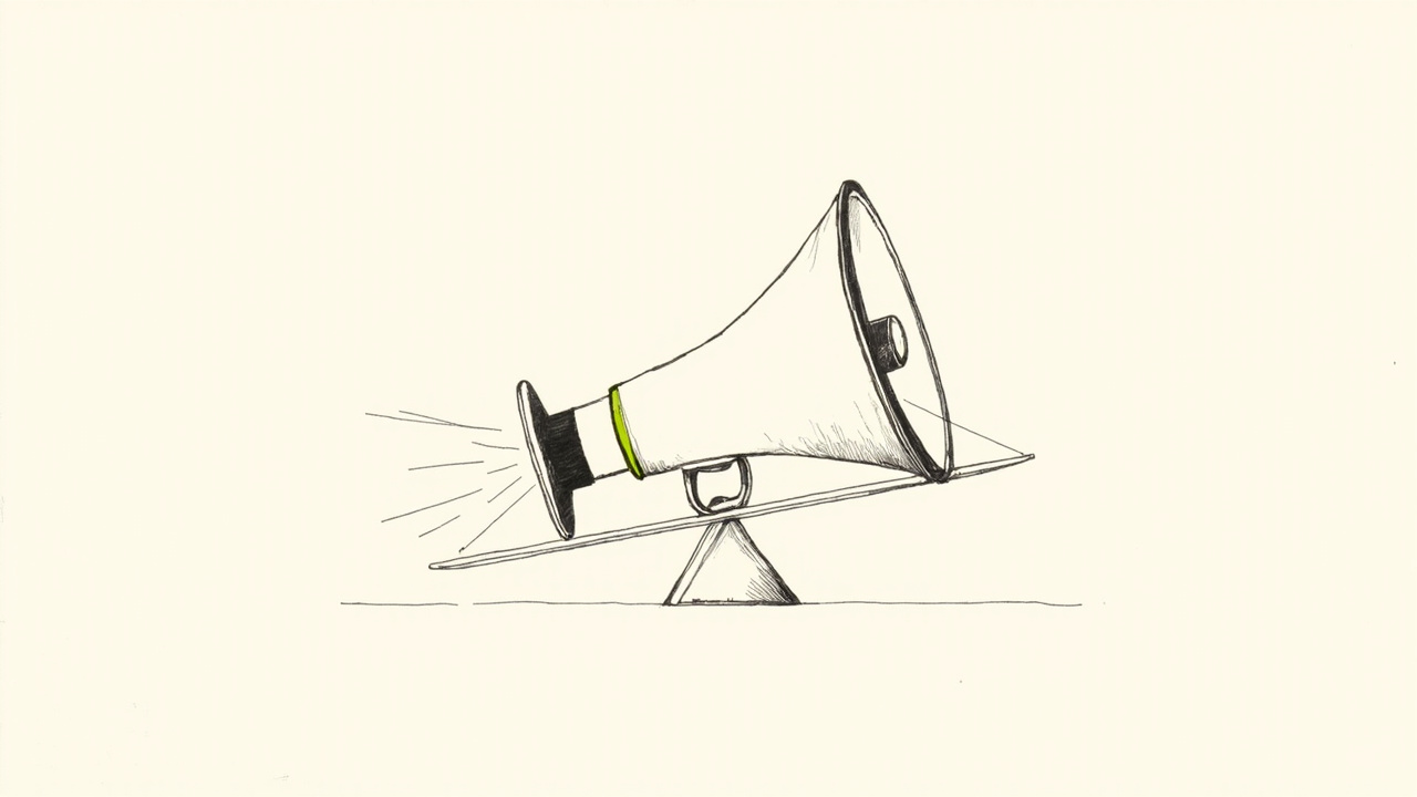 Balança comparando megafone médio e megafone gigante, metáfora de marcas preferindo criadores mid-tier a mega influenciadores