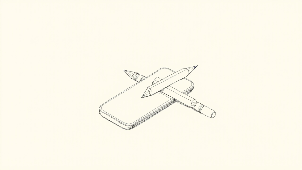 Lápis partido ao meio sobre mesa ao lado de um smartphone, metáfora do Apple Pencil descartado para o iPhone Duo