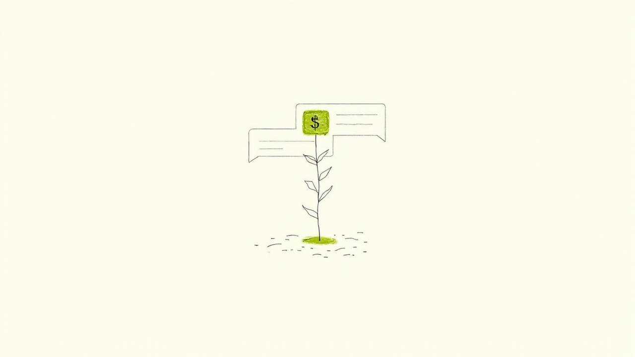 Cédula de dólar brotando de uma janela de chat como planta, metáfora dos US$ 1 bi anualizados dos ChatGPT Ads