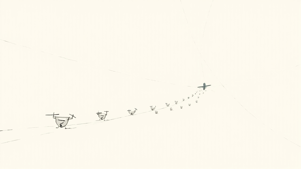 Enxame de drones pequenos ficando atrás de um drone grande na mesma pista, metáfora do estudo sobre scaling de swarms