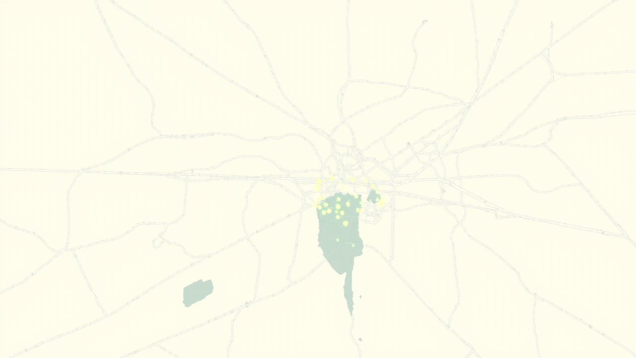 Mapa urbano com rotas luminosas ligando bairros distintos, metáfora do índice de grafo do Gortex para busca entre repositórios