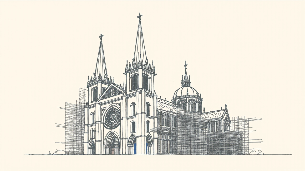 Catedral em construção com andaimes feitos de racks de servidores, metáfora do negócio de construir IA de fronteira