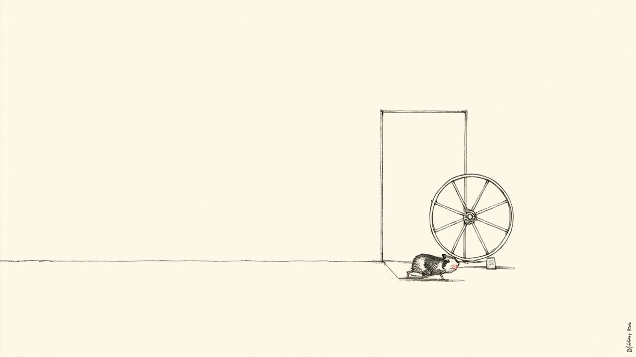 Hamster corre na roda diante de porta aberta para o mundo, ensaio sobre esforço desperdiçado sem expansão internacional