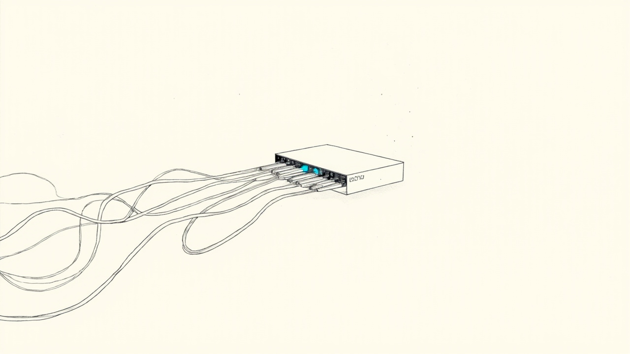 Cabos de vários geradores convergindo em um hub central, metáfora do Comfy Router unificando modelos de mídia