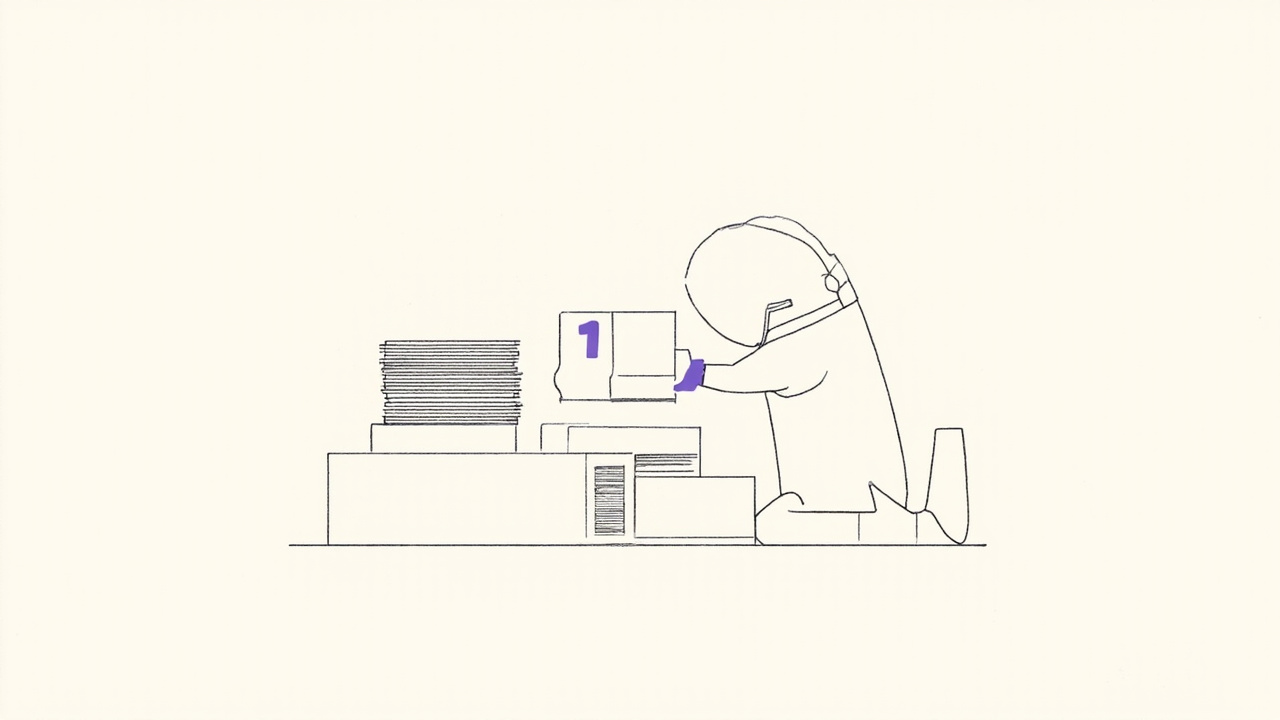 Pilha de cards de decisão alimenta máquina de checklist inspecionando trabalho de robô, metáfora de design systems e agentes