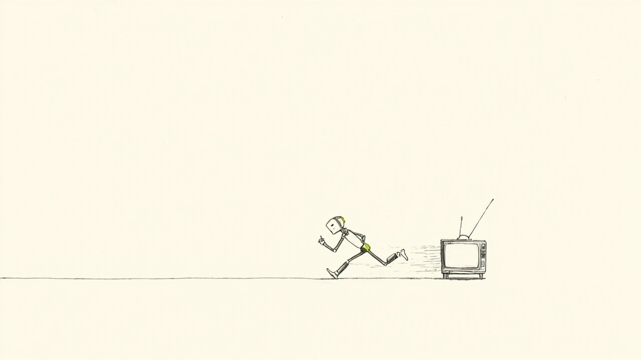 Robô de IA corre à frente de TV antiga arrastando antena, metáfora do atraso da TV publicitária frente à IA