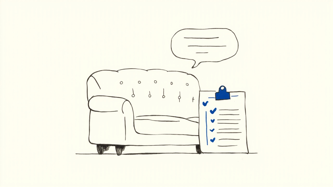 Divã de terapeuta avaliado por prancheta com checklist e balão de conversa, representando o benchmark de saúde mental da OpenAI