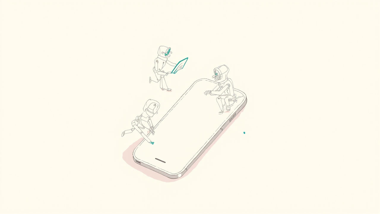 Três robôs pequenos sobre tela de smartphone com prancheta, representando os agentes móveis da Qwen Intelligence