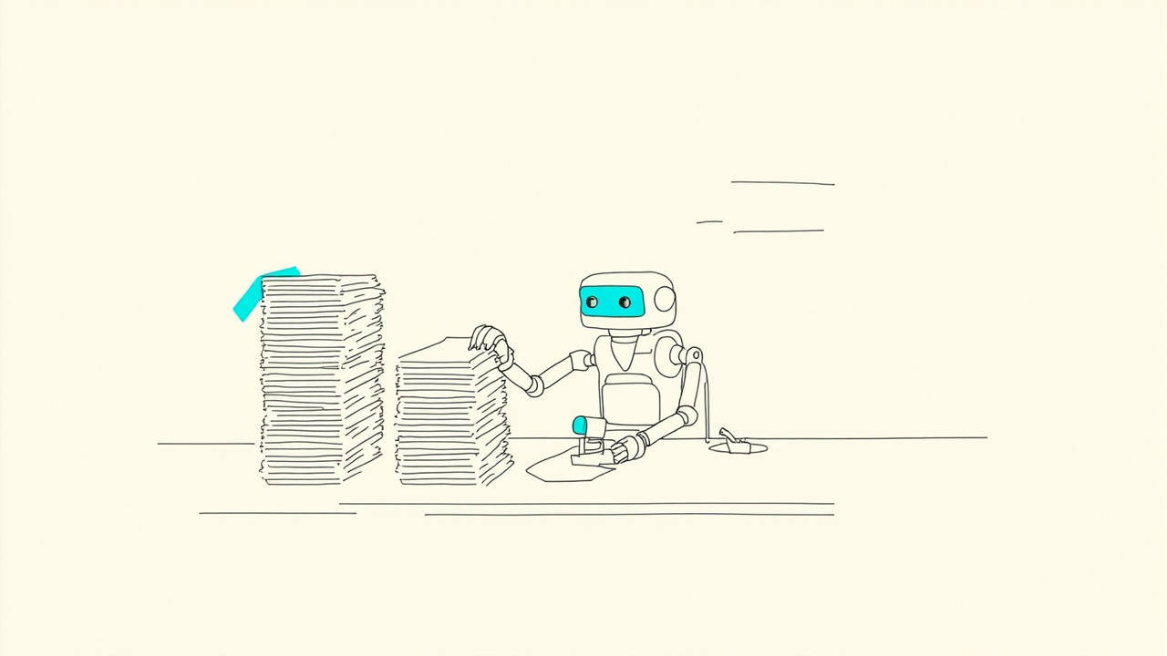 Robô no escritório carimba pilha de relatórios financeiros ao lado de calculadora, benchmark de agentes no trabalho