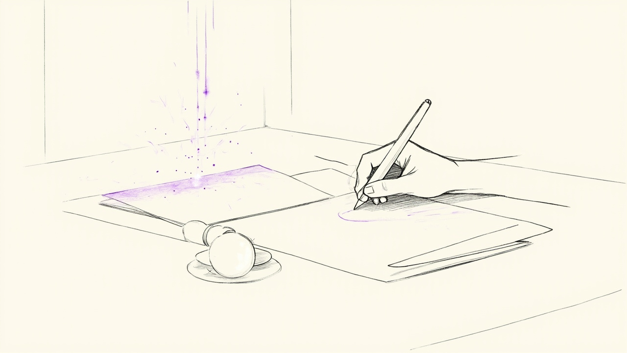 Mão desenha no papel ao lado de fagulha de IA luminosa sobre o esboço, colaboração humano-máquina no design