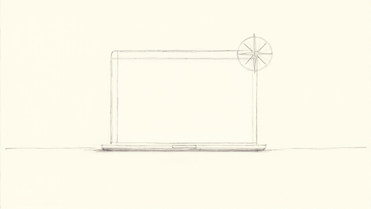 Janela única e elegante sobre mesa limpa com detalhe de bússola, navegador minimalista Search para macOS