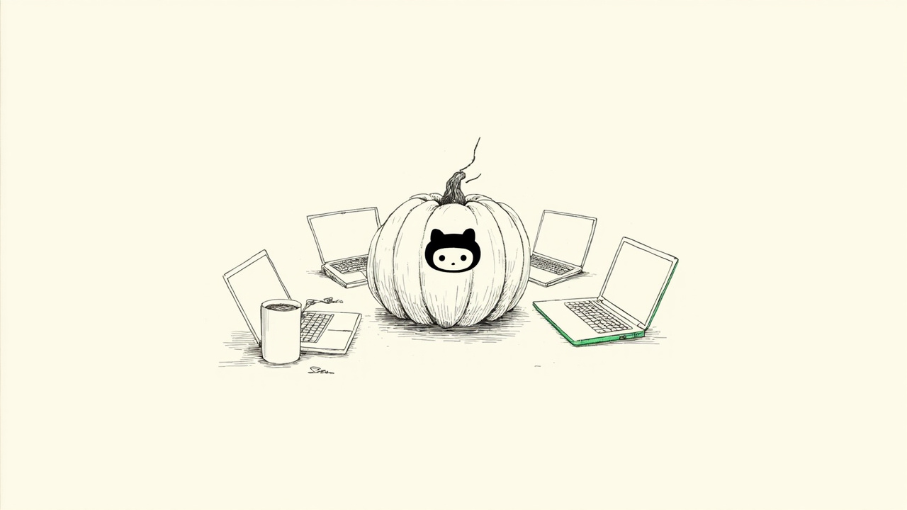 Abóbora esculpida com logotipo de polvo cercada de laptops, edição do Hacktoberfest