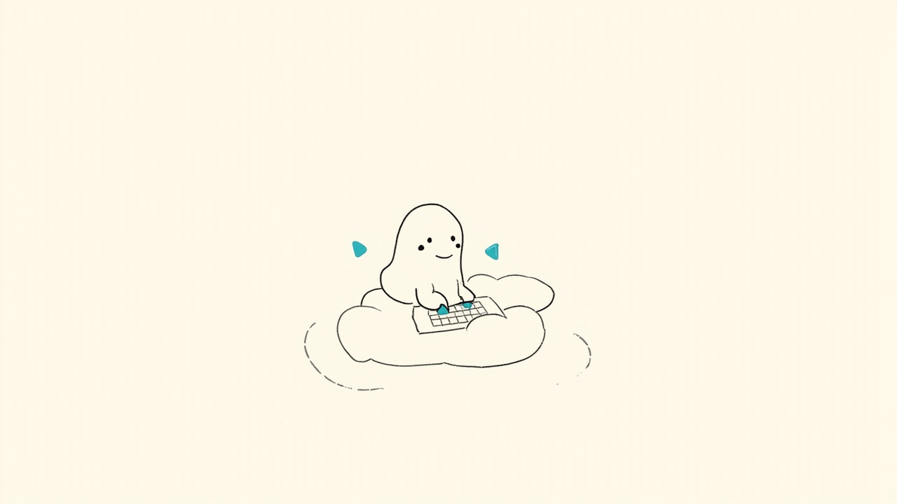 Mascote cartoon flutuante digitando em teclado em formato de nuvem, agentes autônomos Dots da OpenAI
