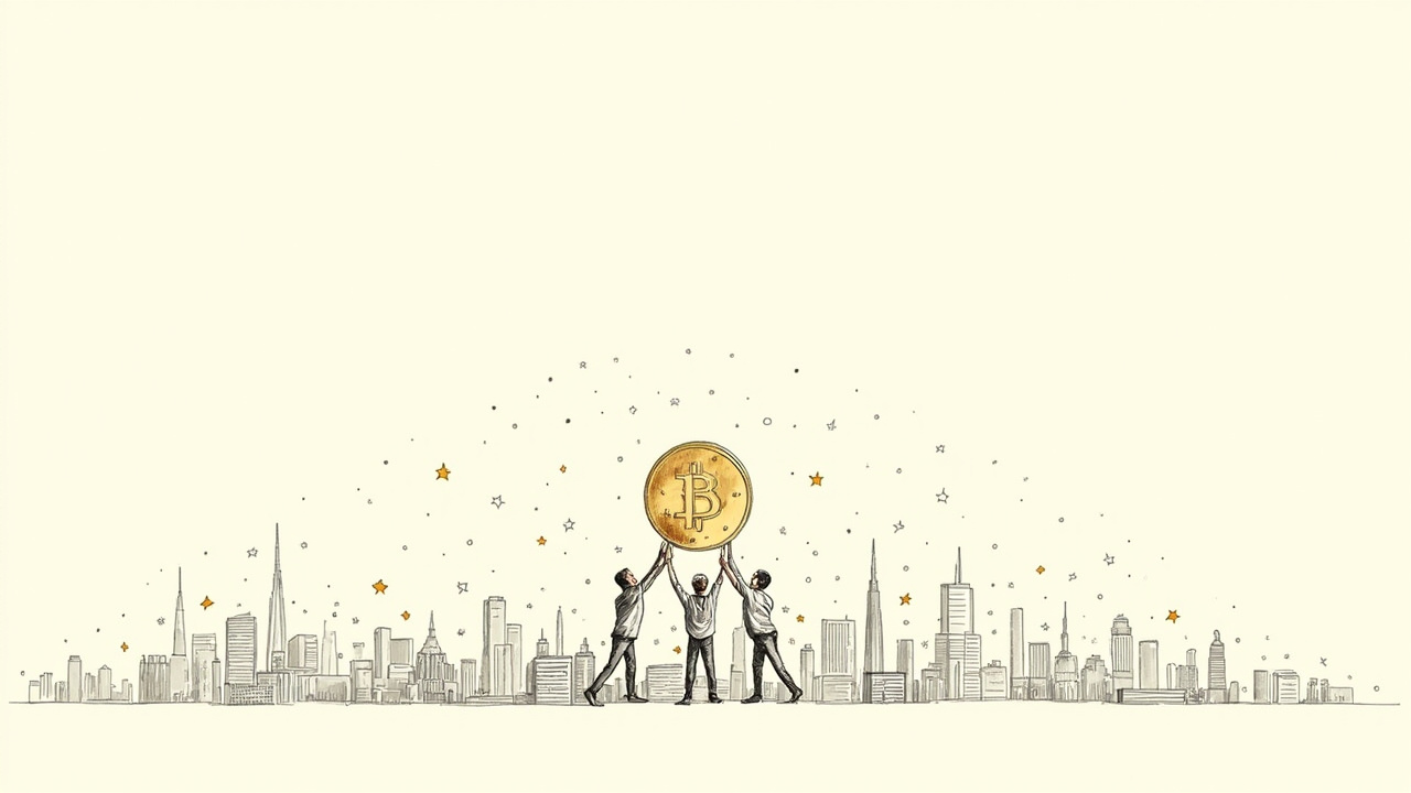 Pequenos investidores erguendo moeda gigante sobre skyline, rodada bilionária da OpenAI com valuation de US$ 1,4 trilhão