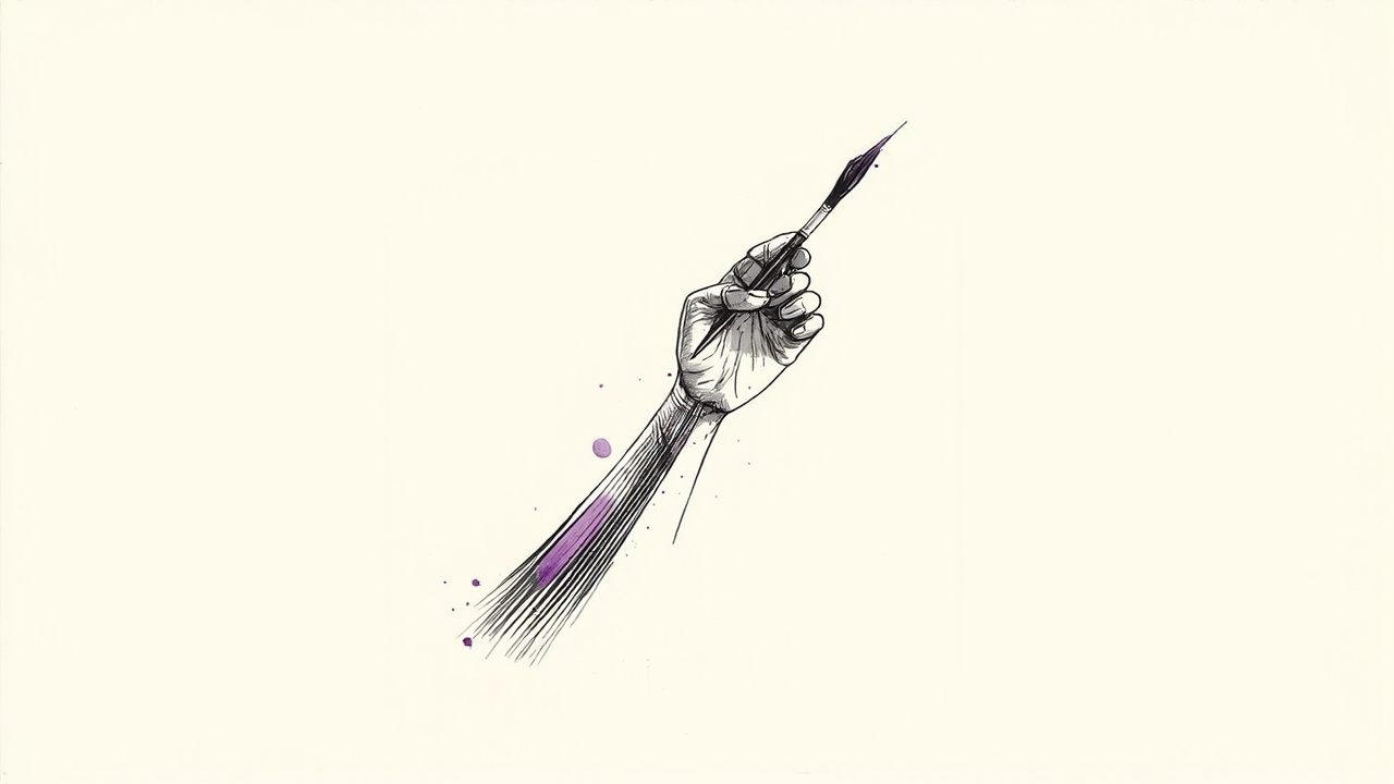 Mão de designer com tinta guiando braço robótico com pincel, direção visual elevando sites vibe-coded