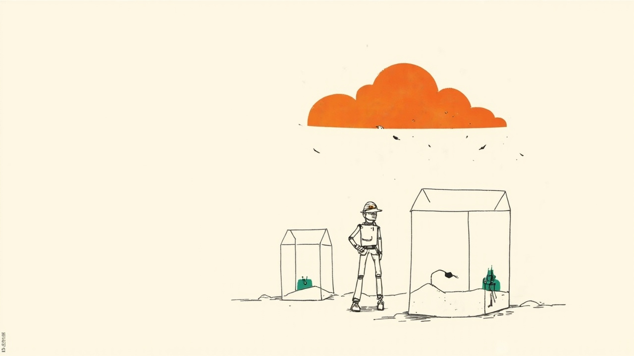 Nuvem laranja de capacete supervisionando robôs em caixas de vidro, Cloudflare OS com agentes e apps em sandbox no Workers