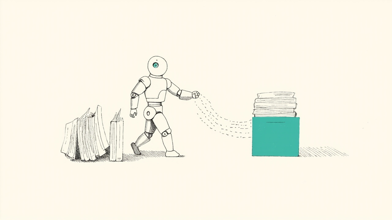 Robô bibliotecário comprando livros de código num cartão pequeno, compressão de embeddings no pipeline RAG de busca semântica da JetBrains