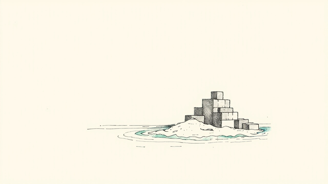 Castelo de areia construído sobre tijolo de fundação apagado por pequena onda, metáfora de ephemeral testing em componentes de software