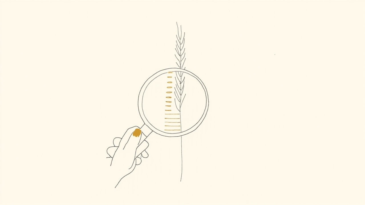 Lupa sobre caule de trigo revelando dupla hélice de DNA luminosa, metáfora da parceria Gemma 4 e BOTANIC-1 para decodificar DNA vegetal