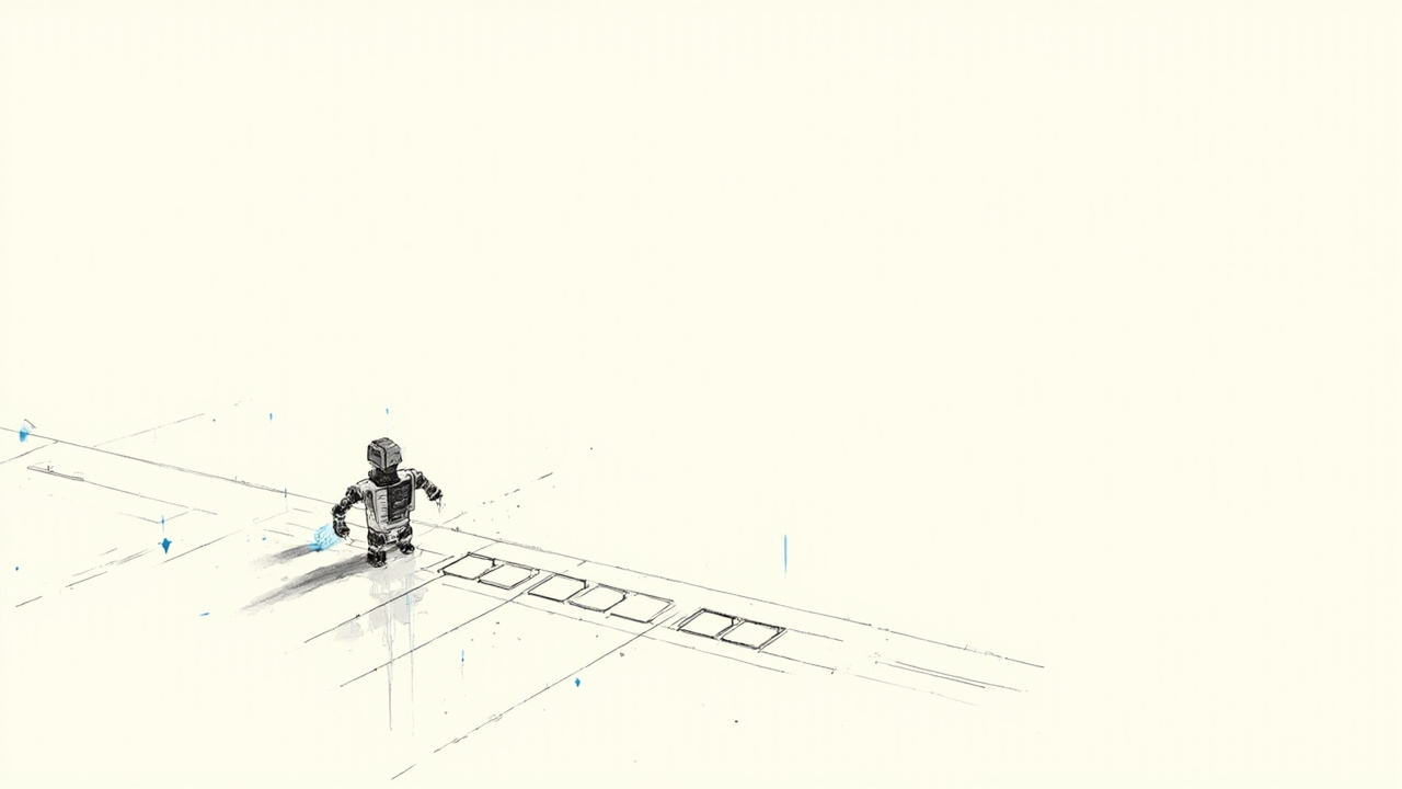 Robô pequeno pressionando todos os botões de painel gigante da internet, ilustrando previsão de agentes assumindo ações na web