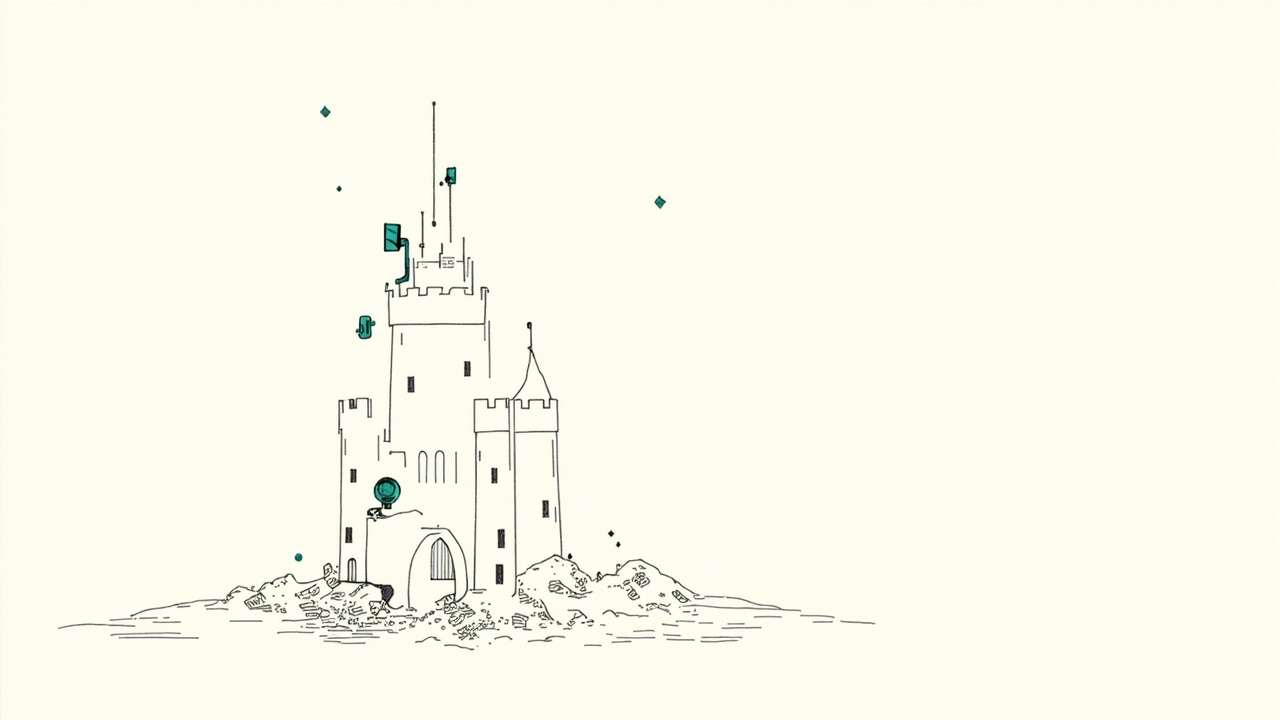 Castelo de areia construído por mãos robóticas desmoronando com segredos vazando, metáfora das falhas de vibe coding