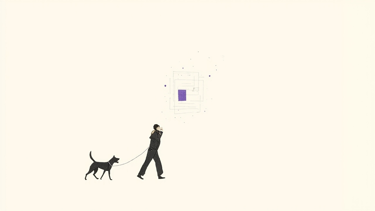 Pessoa passeando com cachorro falando com fone e interface flutuante, metáfora do design voice-first