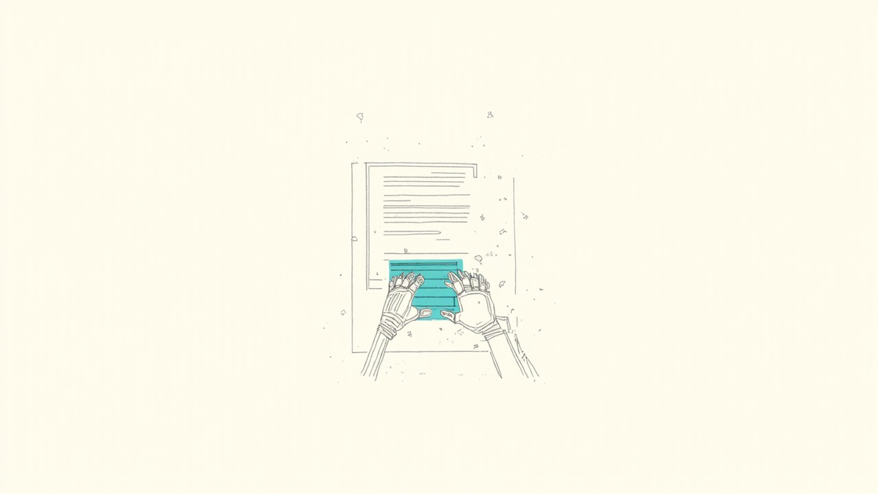 Mão robótica digitando em janela de editor de documentos, metáfora da integração do Claude com Google Docs e Sheets