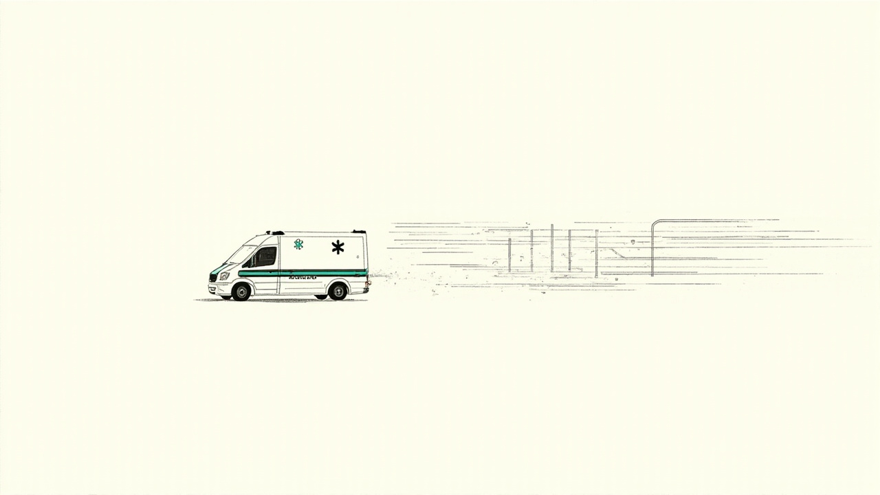 Ambulância atravessando linha de montagem de software, metáfora do guia de patches de emergência do Google Project Zero