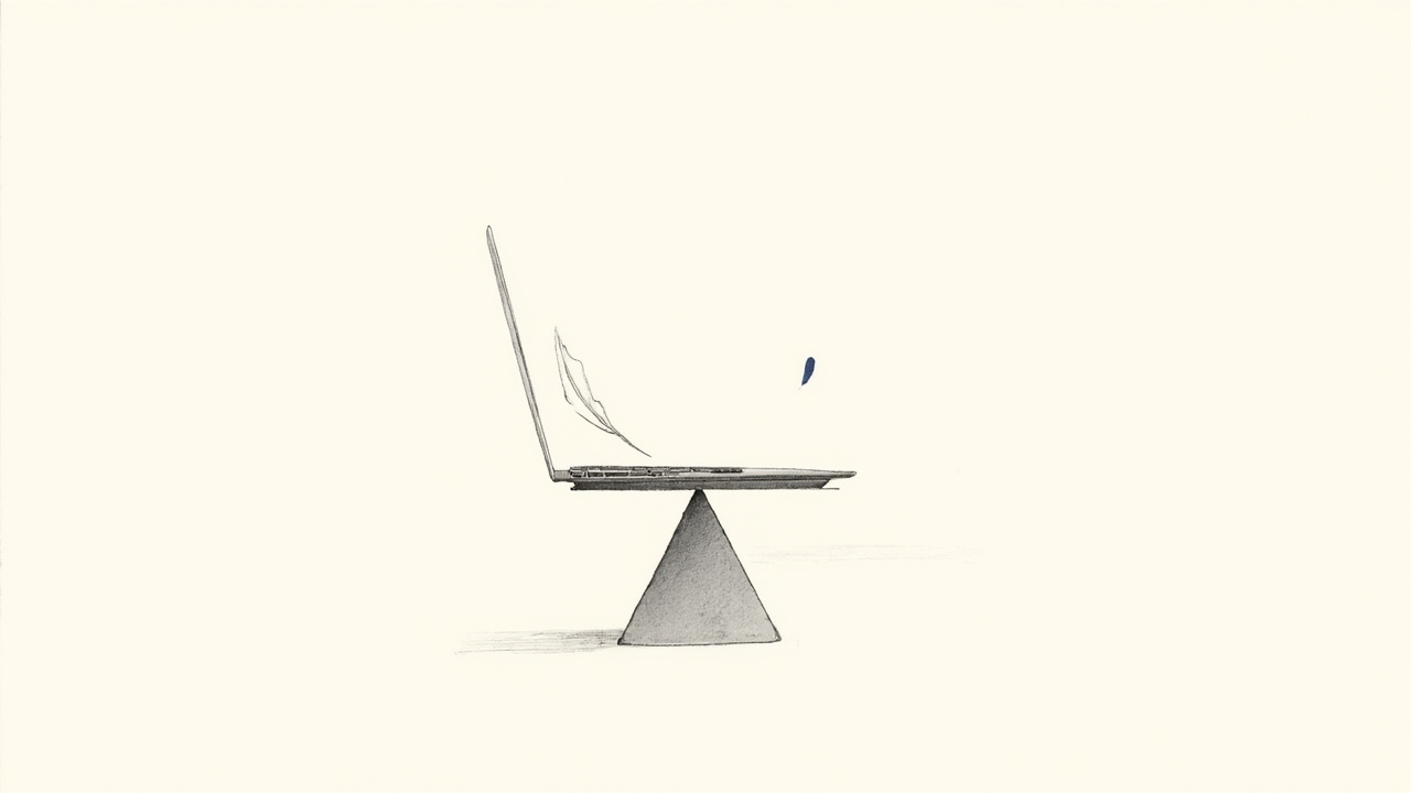 Notebook fino flutuando sobre uma balança como uma pena, metáfora do redesign leve do MacBook Pro da Apple