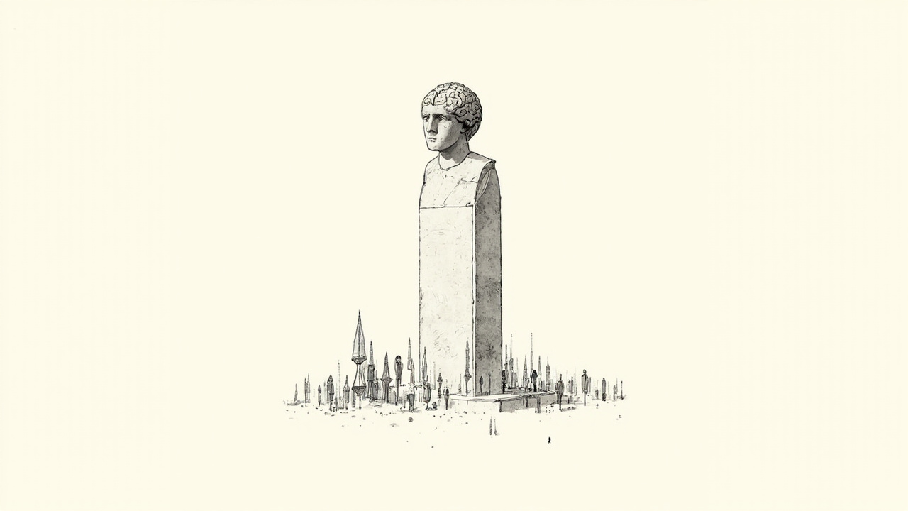 Estátua cerebral gigante cercada por modelos menores simboliza o lançamento do Mistral Large 4 de 1 trilhão de parâmetros