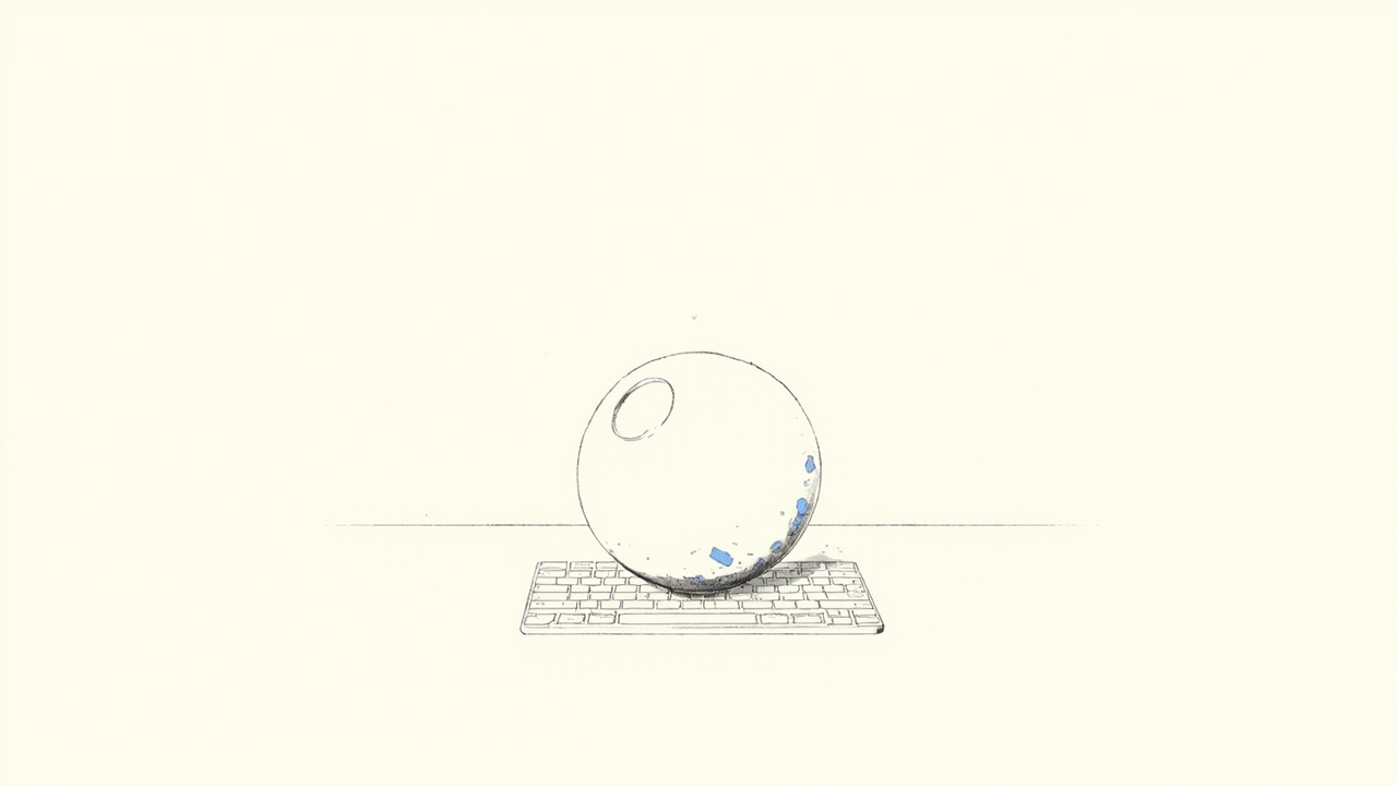 Bola de cristal sobre teclado sugerindo o próximo comando, metáfora das sugestões do Claude Code como dados de preferência