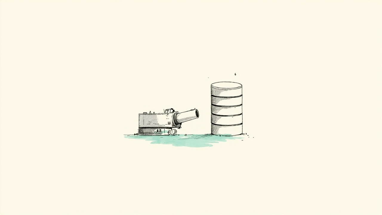 Máquina de busca antiga e pesada sendo substituída por cilindro de banco de dados, metáfora da migração para PostgreSQL