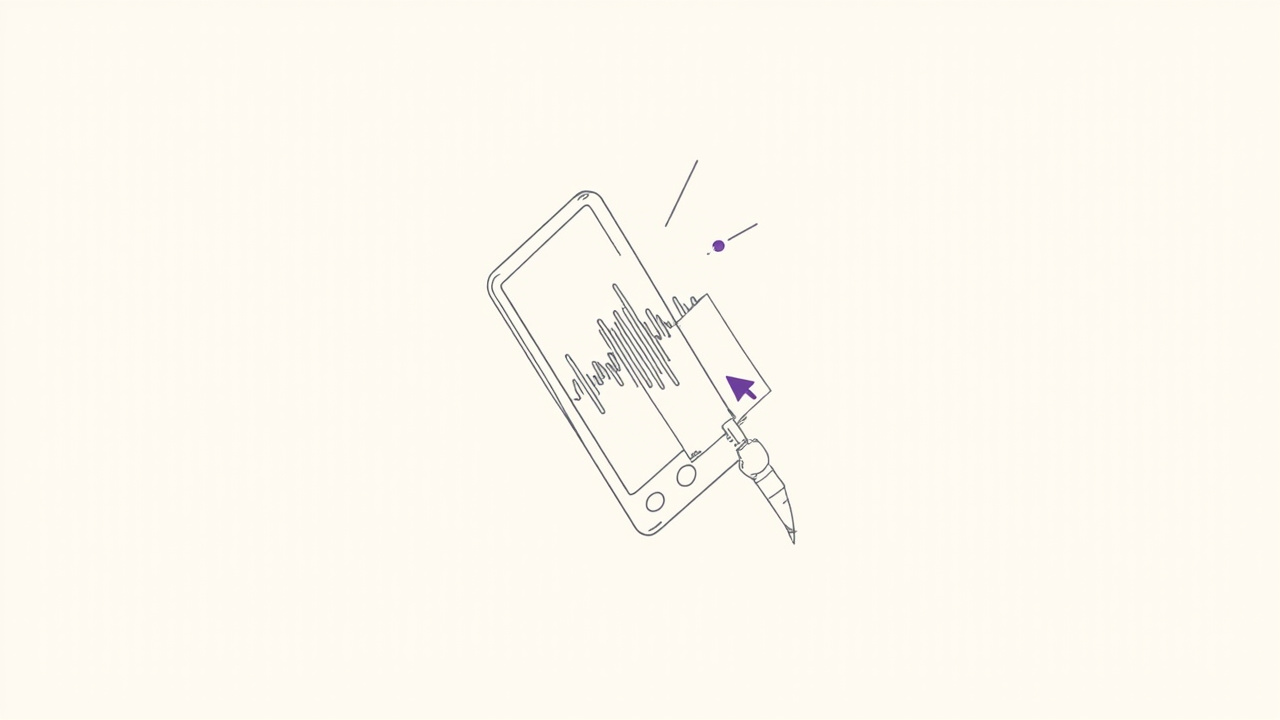 Microfone com onda sonora ao vivo em pequena tela de celular, metáfora do modo de teste de gravação do Granola
