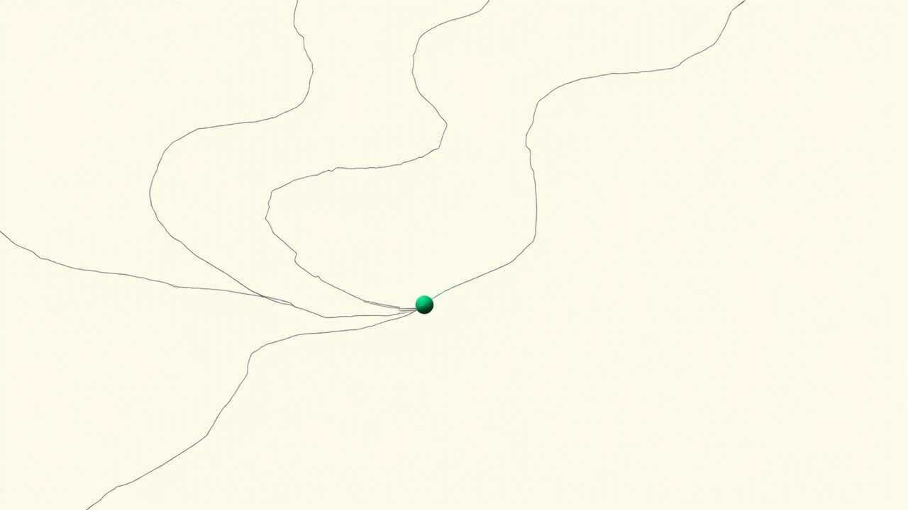 Nó de decisão luminoso na borda de um mapa com caminhos ramificados, metáfora dos modelos d1 da Liquid AI