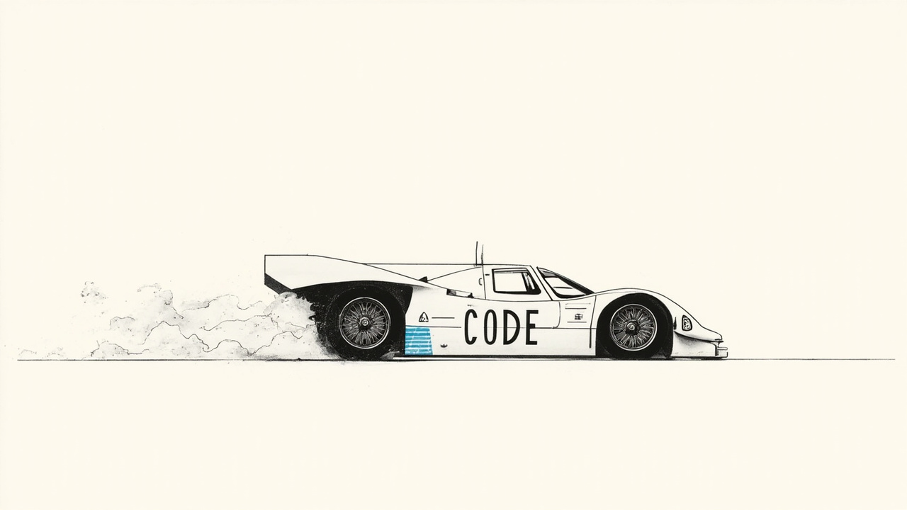 Carro de corrida com símbolo de código na lateral passando por etiqueta de preço, metáfora do MAI-Code-1.1-Flash