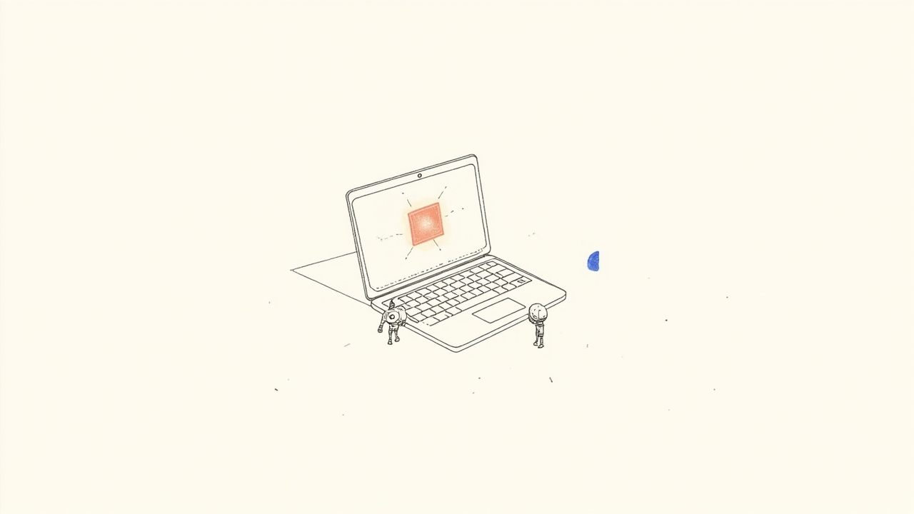 Notebook com chip brilhante e pequenos assistentes robóticos saindo da tela, metáfora de agentes de IA no Windows com RTX Spark