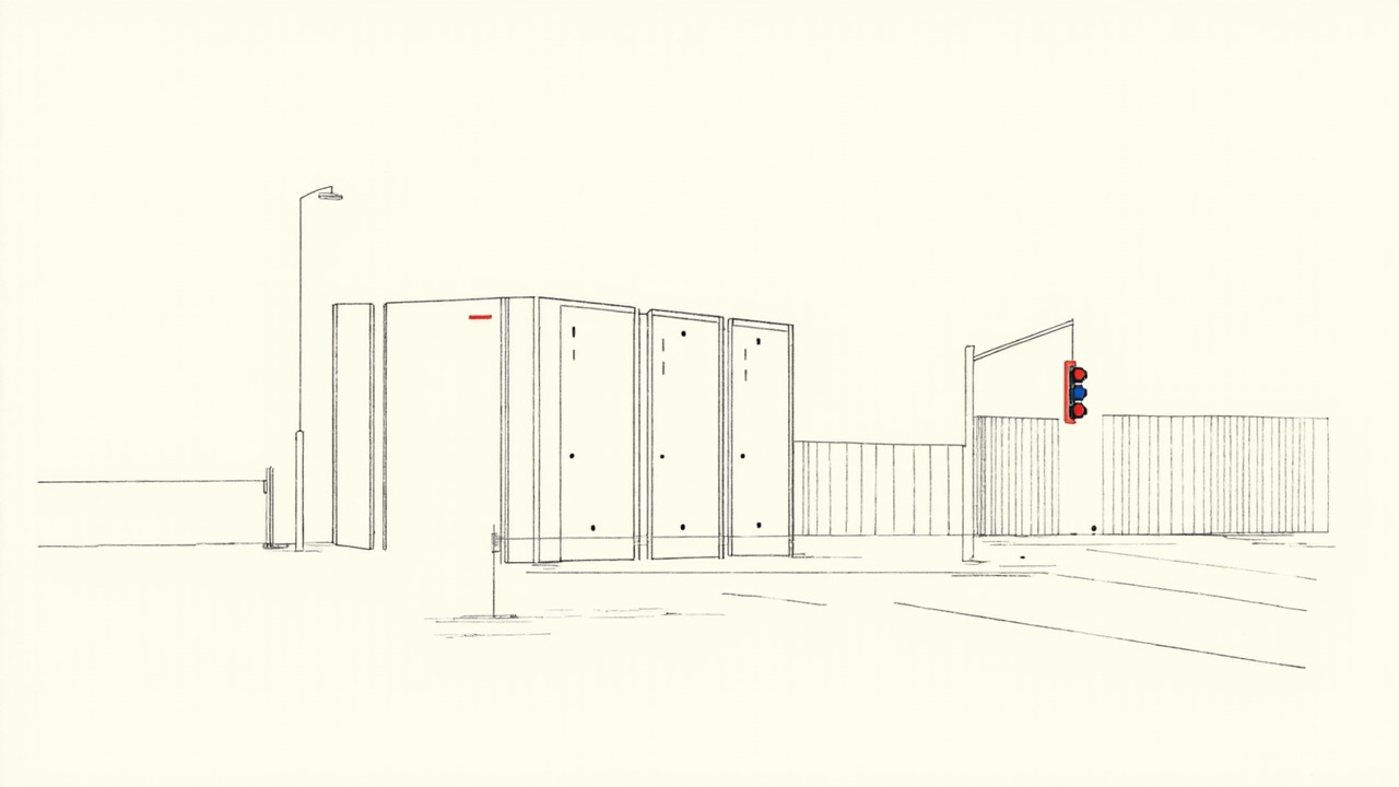 Fileiras de racks de servidores atrás de portão fechado com semáforo vermelho, metáfora da pausa de Texas a data centers