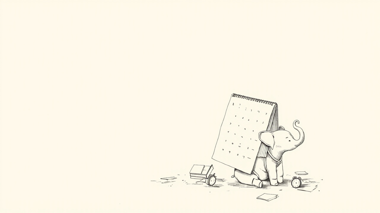 Um elefante de barro segura uma agenda gigante nas costas enquanto papéis e despertadores se espalham ao redor.