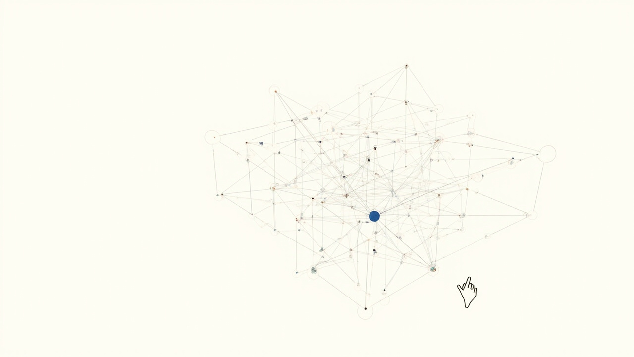 Um nó central acende conexões em um grafo 3D de notícias interligadas, representando o novo sistema de relacionados do Em 3 min